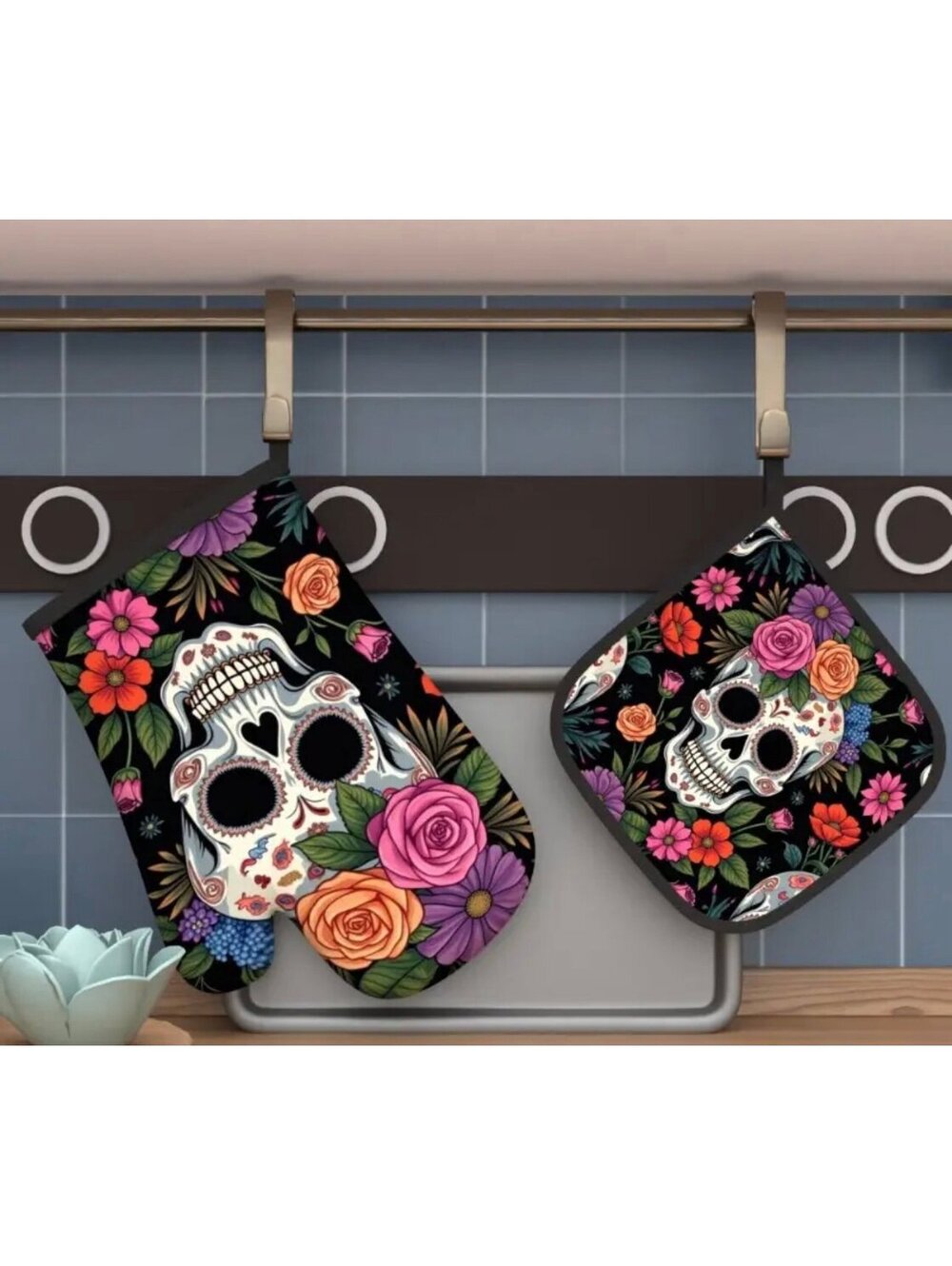 New - 2pcs Floral Skull - Oven Mitts and Pot Holders Set